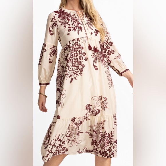 Johnny Was Tiered Bishop Sleeve Dress SZ XL Slip Lined Cream Burgundy Boho Dress - Picture 1 of 13